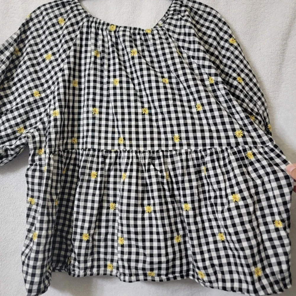 Old Navy Short Puff Sleeve Top Woms XL Gingham Embroidered Daises Boho Cottageco